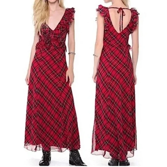 Free People | Dresses | Free People Venetia Dress Size 8 Tartan Plaid  Ruffle Maxi Holiday Party | Poshmark